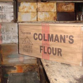 2013-14 Colman's boxes in the bulkhead inside Scott's 'Terra Nova' hut, Cape Evans (003)