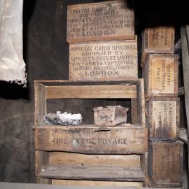 2013-14 Location image, stacked biscuit boxes, Scott's 'Discovery' hut, Hut Point