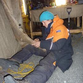 2009-10 AHT's Lucy Skinner repairing Gibson's quilting, Scott's 'Terra Nova' hut