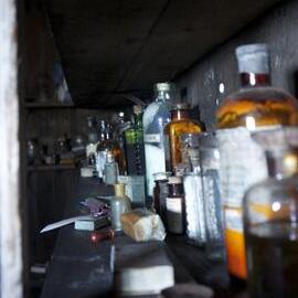 2012 Scott's 'Terra Nova' hut, interior, chemical bottles on shelving