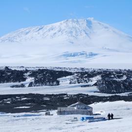 West elevation of Scott's 'Terra Nova' hut and Mount Erebus