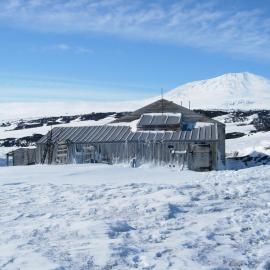 West elevation of Scott's 'Terra Nova' hut and Mount Erebus