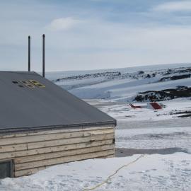 Helicopter at Scott's 'Terra Nova' hut (001)