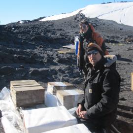 2010-11 John Taylor and Lizzie Meek wrapping whisky boxes, Cape Royds 