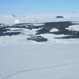 2010-11 Aerial view of Scott's 'Terra Nova' hut and Wind Vane Hill