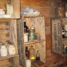 2010-11 Medicinal supplies on shelves inside Shackleton's 'Nimrod' hut