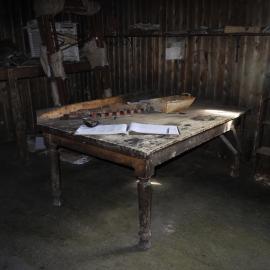 2010-11 Mess deck table inside Scott's 'Terra Nova' hut, Cape Evans 