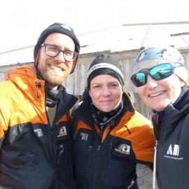 Sarah Bouckoms with Conor Tulloch and Jane Hamill, Hut Point