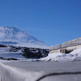 Scott's 'Terra Nova' hut roof and Mount Erebus
