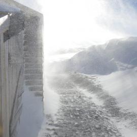Snowy haze at Scott's 'Terra Nova' hut