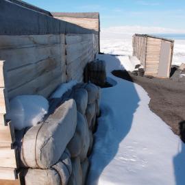 Fodder bales on north wall, Scott's 'Terra Nova' hut (001)
