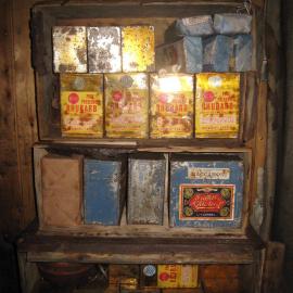 Tinned food in improvised shelves, Scott's 'Terra Nova' hut 