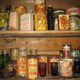 Tinned and bottled food in galley, Shackleton's 'Nimrod' hut