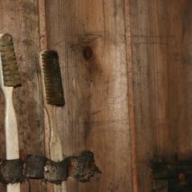 2010-11 Toothbrushes attached to a wall inside Scott's 'Terra Nova' hut