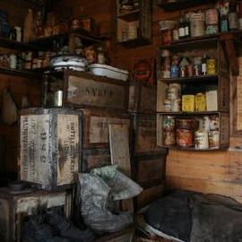 2010-11 Provisions on shelves inside Shackleton's 'Nimrod' hut