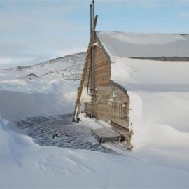 Snow build-up, east elevation of Scott's 'Terra Nova' hut