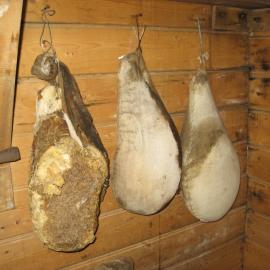 2010-11 Preserved hams hanging inside Shackleton's 'Nimrod' hut, Cape Royds (002)