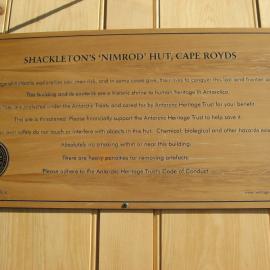 2010-11 AHT sign on the main door of Shackleton's 'Nimrod' hut, Cape Royds