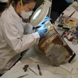 2014 AHT winter conservators at work - Stefanie White treating pony feed box (001)