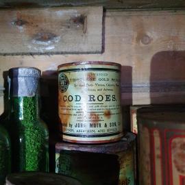 2022 Shackleton's 'Nimrod' hut interior, Main Room, 'Cod Roes' tin