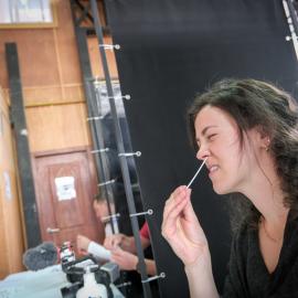 Marthe Brendefur takes a covid test before the flight to Union Glacier
