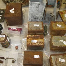 Artefacts on table in Conservation lab 