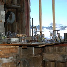 Biology bench and window, south wall of Scott's 'Terra Nova' hut