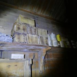 2018-19 Food provisions on shelves inside Shackleton's 'Nimrod' hut, Cape Royds