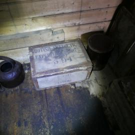 2018-19 British Antarctic Expedition case inside Shackleton's 'Nimrod' hut, Cape Royds