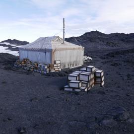 2018-19 Venesta cases stacked outside Shackleton's 'Nimrod' hut, Cape Royds