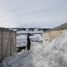 2013-14 Nicola Dunn moving snow, Scott's 'Terra Nova' hut, Cape Evans