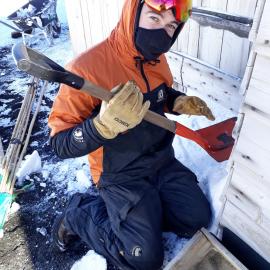 2017-18 Scott's 'Terra Nova' hut, conservators at work, Antarctic Youth Ambassador Chris Ansin