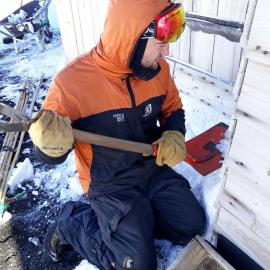 2017-18 Scott's 'Terra Nova' hut, conservators at work, Antarctic Youth Ambassador Chris Ansin