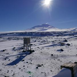 2017-18 Cape Evans meteorological screen and Mount Erebus