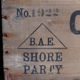 2017-18 Scott's 'Terra Nova' hut, interior, B.A.E. shore party label