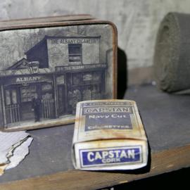 2017-18 Scott's 'Terra Nova' hut, interior, cigarette tin and packet