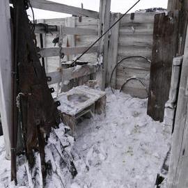 2017-18 Shackleton's 'Nimrod' hut, exterior, snow build-up in Latrine