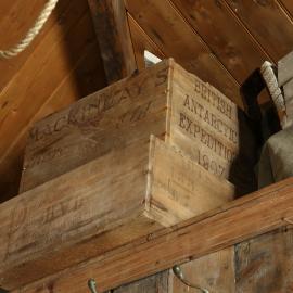 2017-18 Shackleton's 'Nimrod' hut, interior, Mackinlay's whisky crate