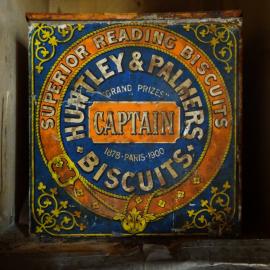 2017-18 Shackleton's 'Nimrod' hut, interior, Huntley & Palmers biscuit tin
