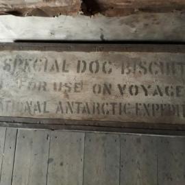 2017-18 Scott's 'Discovery' hut, interior, dog biscuit box
