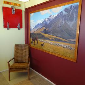 2017-18 Hillary's TAE/IGY hut, interior, oil painting and chair