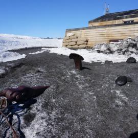 2018-19 Aurora anchor outside Scott's 'Terra Nova' hut, Cape Evans