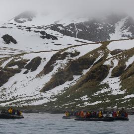 Inspiring Explorers and passengers in a Zodiac, Gold Harbour (001)