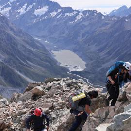 Climbing Mount Ollivier above Hooker Glacier