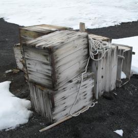 Fuel cache and rope at Cape Evans
