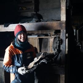 2014-15 Scott's 'Terra Nova' hut, AHT's Lizzie Meek with leather crampons