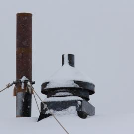 2002 Scott's 'Terra Nova' hut, exterior detail, flue and ventilator during snowfall