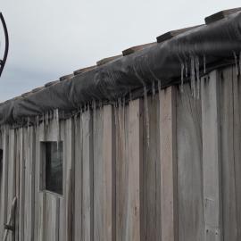 2022 Scott's 'Terra Nova' hut, exterior detail, icicles on West elevation roof flashing